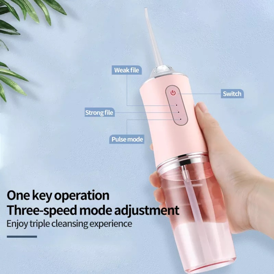 Irigator bucal si oral profesional PPS Pulse® Neo™, 140 PSI, Functie masaj, rotatie 360°, portabil, 4 moduri, acumulator 1400mAh, 4 duze incluse, 220 ml, roz