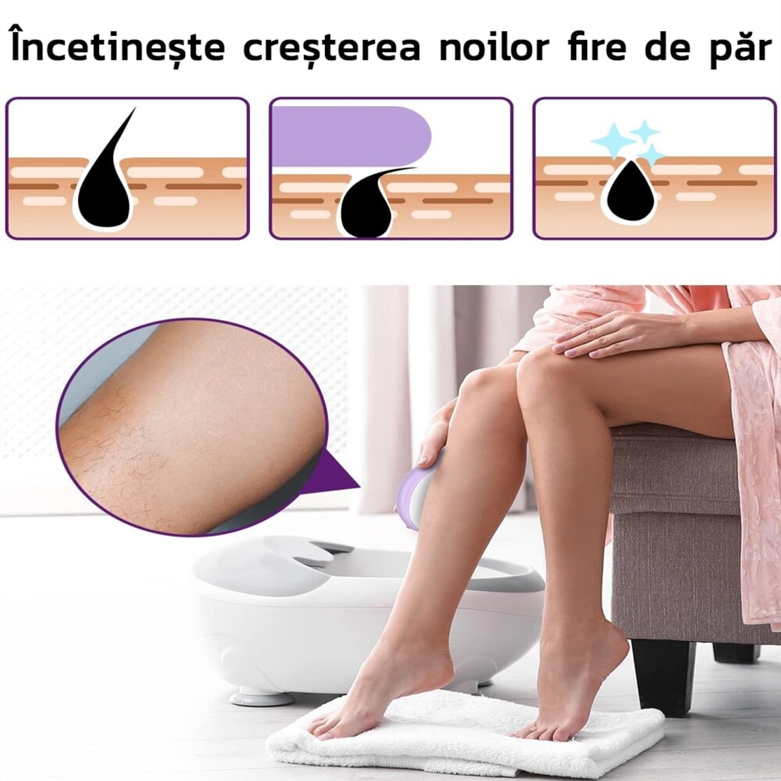 Epilator cu Cristale Neo™ Epyl®, Eliminarea Parului prin Frecare, Fara Durere, Unisex, Portabil, IP67, Liliac