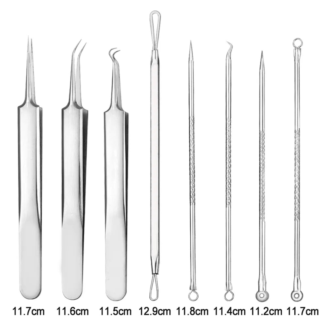 Set 8 pensete pentru extractie puncte negre, comedoane, acnee, ustensile cosmetice din inox, metalic, Neo™ Premium®