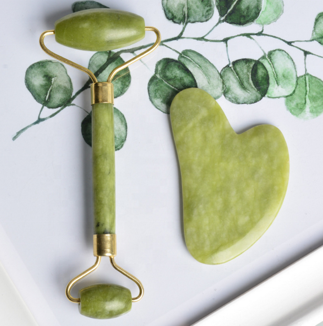 Set Rola Dubla Roller Jade si Piatra Guasha de Jad, Neo™, aparat / dispozitiv pentru masaj facial si corporal si drenaj limfatic, Verde