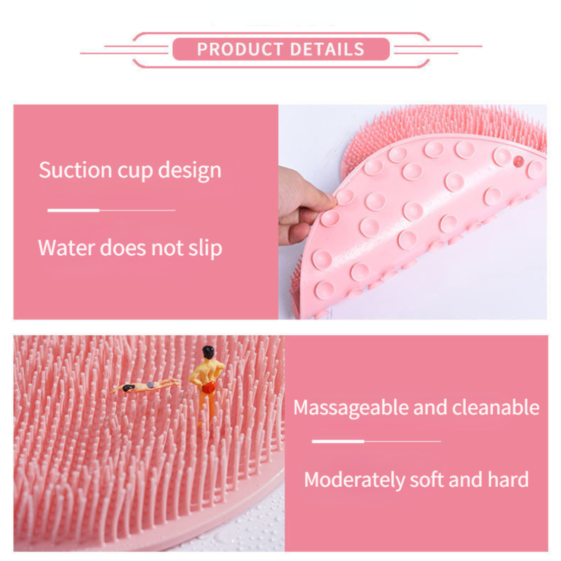 Covoras pentru baie sau dus, 2 in 1 din silicon pentru masaj, antiaderent, functie Masaj Picioare, Curatare spate, Neo™ Bath®, 30 x 30, Roz