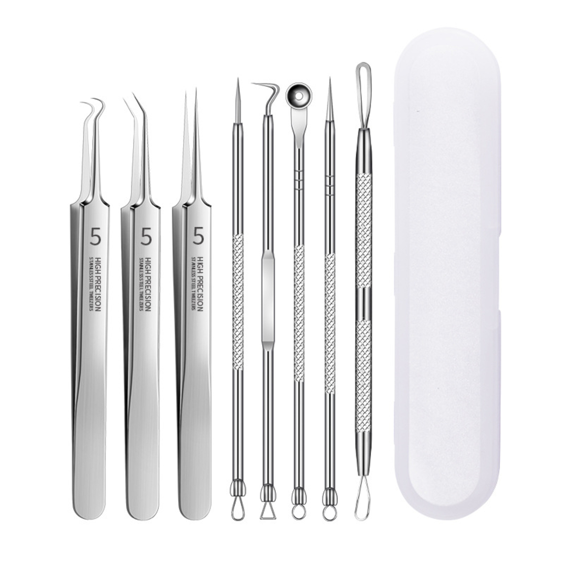 Set 8 pensete pentru extractie puncte negre, comedoane, acnee, ustensile cosmetice din inox, metalic, Neo™ Premium®