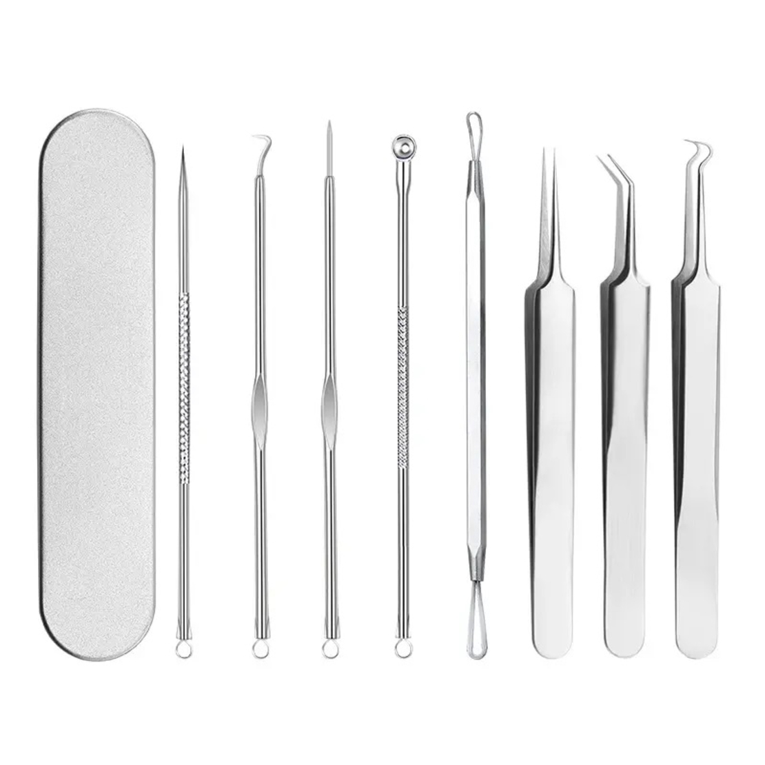 Set 8 pensete pentru extractie puncte negre, comedoane, acnee, ustensile cosmetice din inox, metalic, Neo™ Premium®