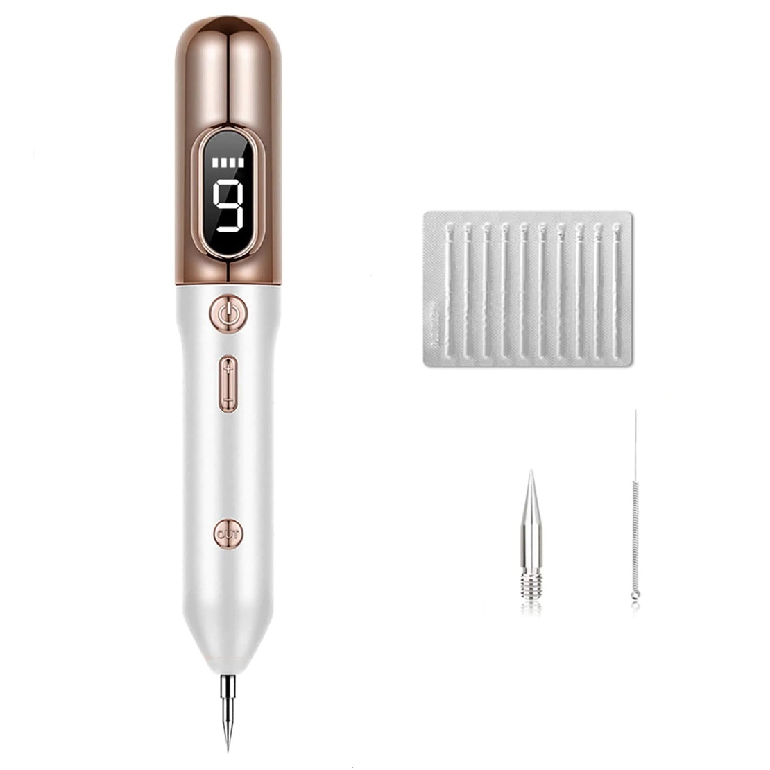 Aparat Plasma Pen, Neo™ cu 5 ace de schimb incluse, 9 viteze, pentru indepartare negi, pete, tatuaje, alunite, cicatrici, pistrui, Lifting pleoape, PlasmaPen®, Ecran LCD, Auriu/Alb