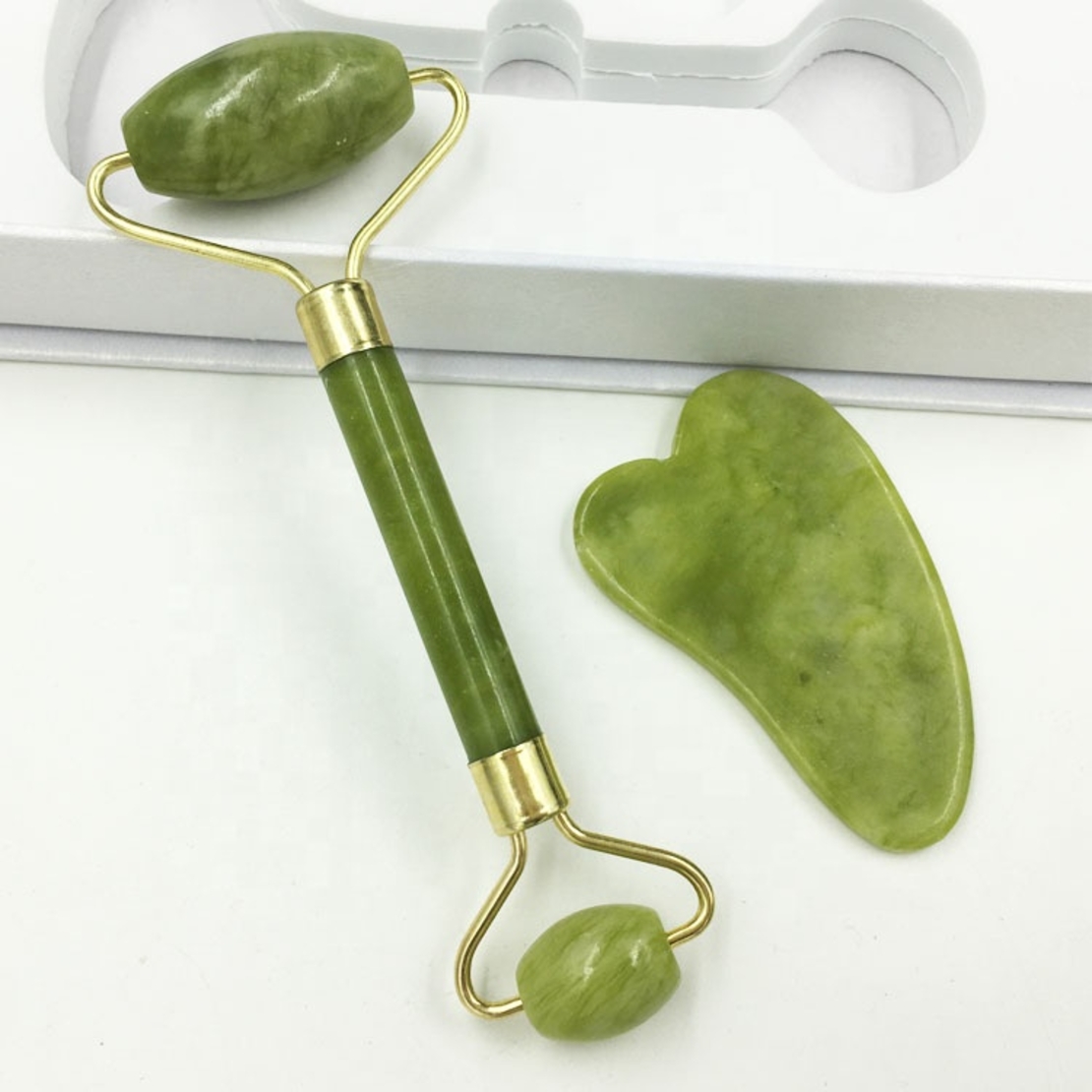 Set Rola Dubla Roller Jade si Piatra Guasha de Jad, Neo™, aparat / dispozitiv pentru masaj facial si corporal si drenaj limfatic, Verde