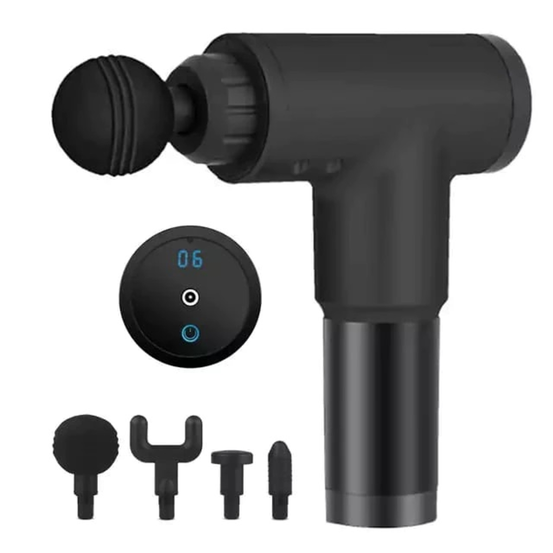 Aparat de Masaj Profesional, cu 4 capete interschimbabile si 6 trepte de intensitate, Neo™ Professional Gun®, pentru dureri musculare, reumatice, anticelulitic, Negru
