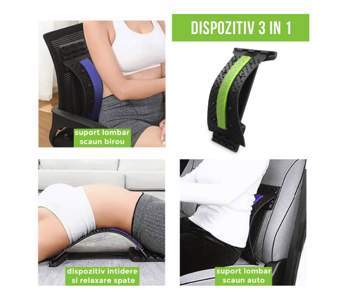 Dispozitiv Ortopedic NEO™ 3in1, pentru Suportul, Intinderea, Masajul si Relaxarea Zonei Lombare, Verde