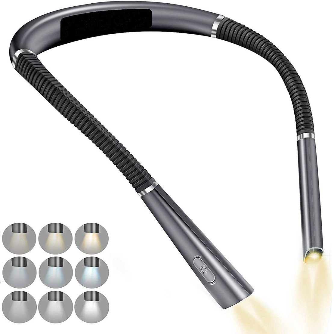 Lumina pentru citit cu pozitionare pe gat, Zggzerg, Cu 3 Tipuri De Lumina LED si 3 Nivele de Intensitate, Portabila, Multifunctionala, Reincarcabila USB, Capacitate Baterie 1000 mAh, Pentru Citit, Reparat, Plimbari Nocturne, Camping, Gri