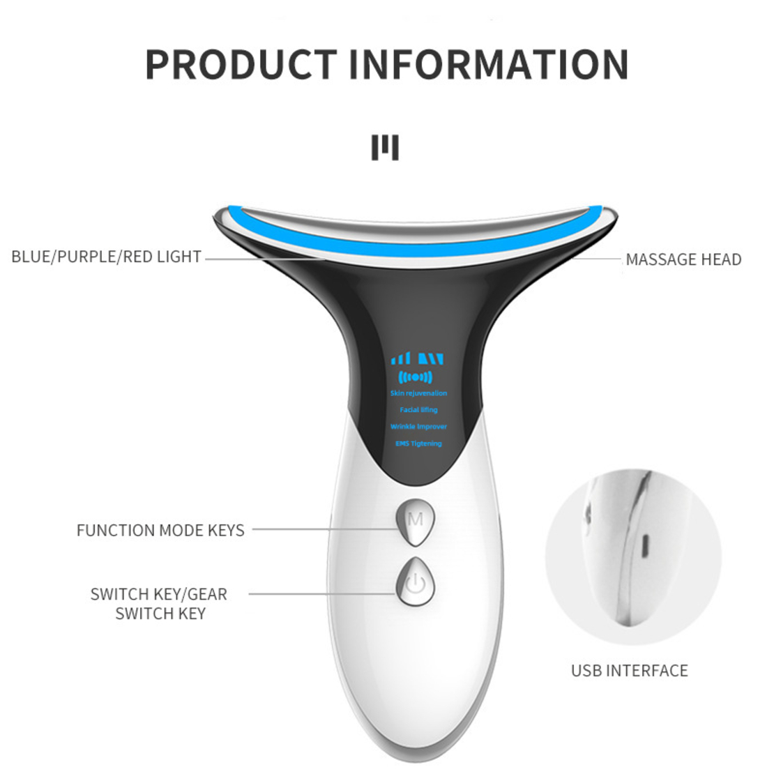 Dispozitiv de Lifting si Rejuvenare Faciala 3 in 1 Neo Premium, cu functii multiple, curatare, masaj antirid, inchidere pori, Silver Blue