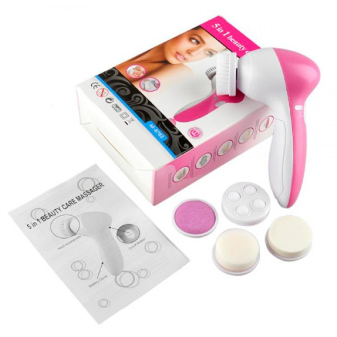 Perie de masaj si ingrijire faciala 5 in 1 OEM, 5 Capete, Alb/Roz
