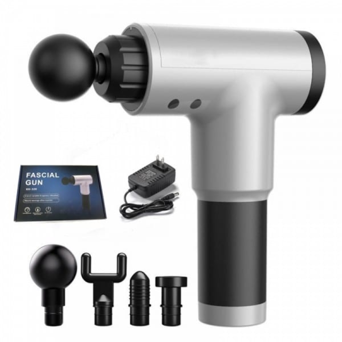 Aparat de Masaj Profesional, cu 4 capete interschimbabile si 6 trepte de intensitate, Neo™ Professional Gun®, pentru dureri musculare, reumatice, anticelulitic, Gri