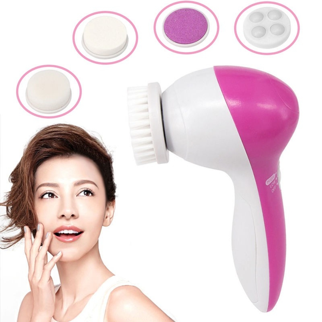 Perie Rotativa pentru curatare faciala si masaj 5 in 1, Neo™ Premium, cu 2 viteze, functie de reglare a vitezei, 5 capete perii interschimbabile,13x7cm, alb/roz