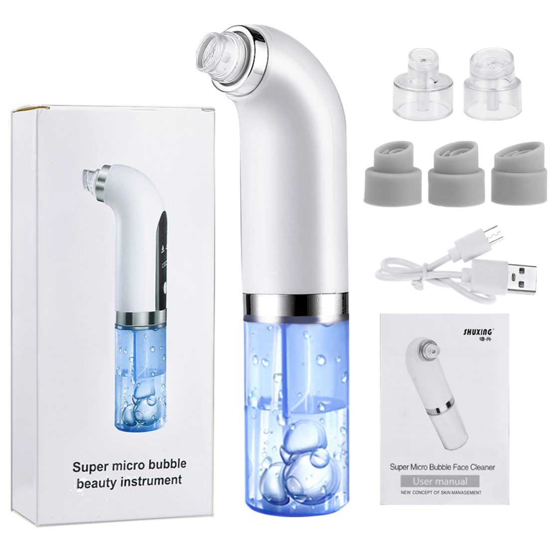 Aparat de Hidro Dermabraziune Neo™ Hidra Premium, pentru hidratare si curatare, indepartare puncte negre, incarcare USB, 3 moduri, 6 capete, Alb