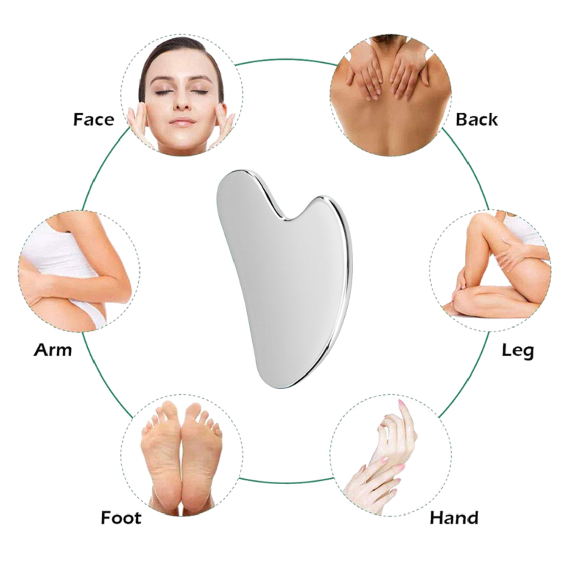Set Format din Piatra Gua Sha Neo™ metalic, pentru ingrijire faciala prin rejuvenare si reflexologie/masaj facial, otel inoxidabil si Saculet Premium, din velur tip catifea cu snur, negru 13x18 cm