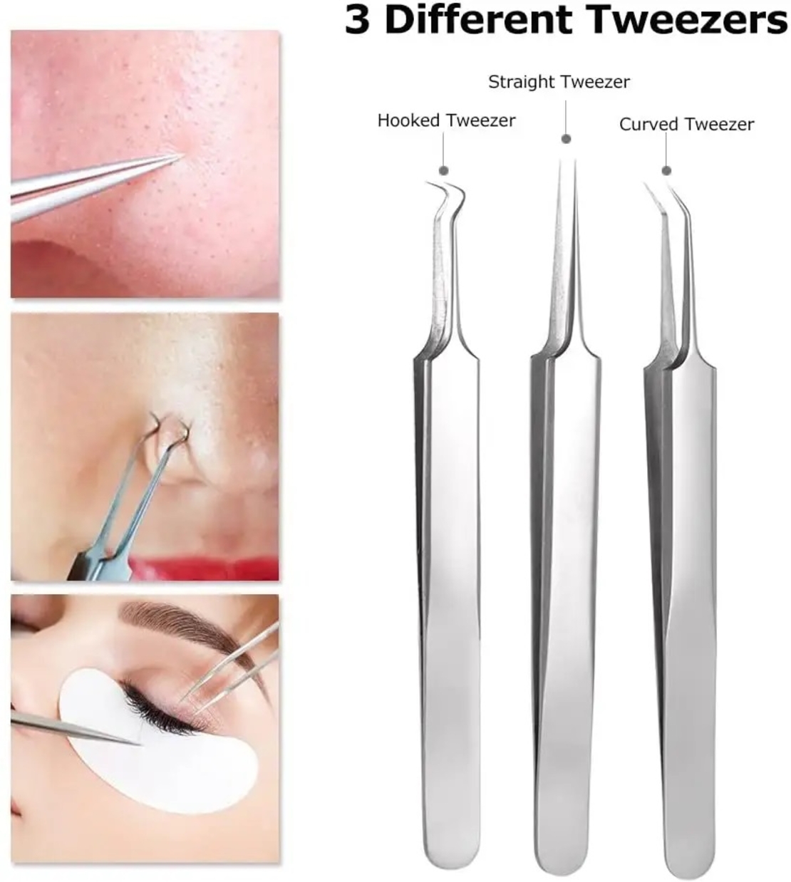 Set 6 pensete pentru extractie puncte negre, comedoane, acnee, ustensile cosmetice din inox, metalic, Neo™ Premium®
