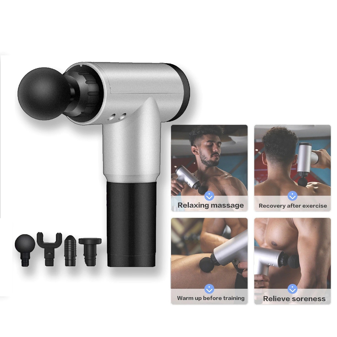 Aparat de Masaj Profesional, cu 4 capete interschimbabile si 6 trepte de intensitate, Neo™ Professional Gun®, pentru dureri musculare, reumatice, anticelulitic, Gri