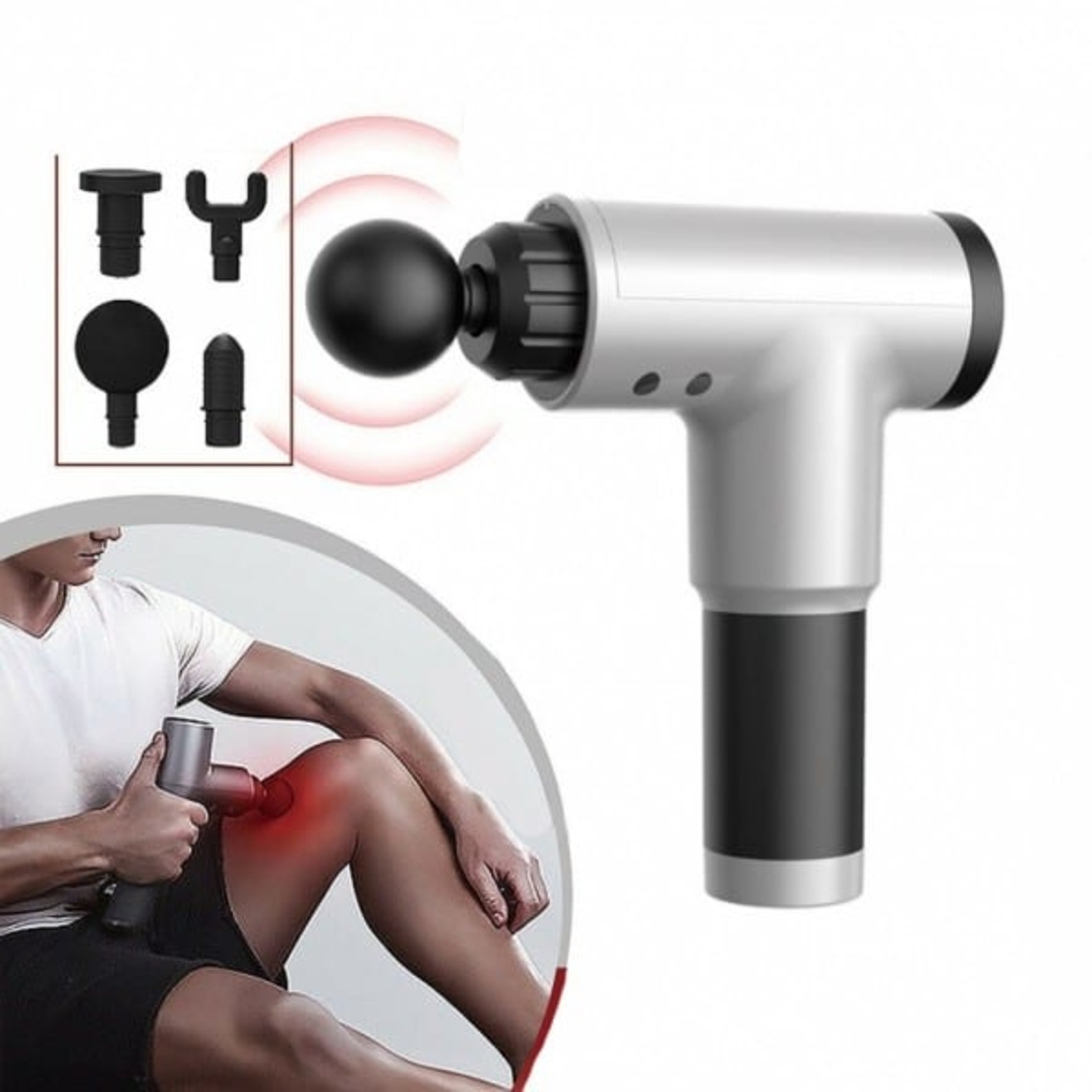 Aparat de Masaj Profesional, cu 4 capete interschimbabile si 6 trepte de intensitate, Neo™ Professional Gun®, pentru dureri musculare, reumatice, anticelulitic, Gri