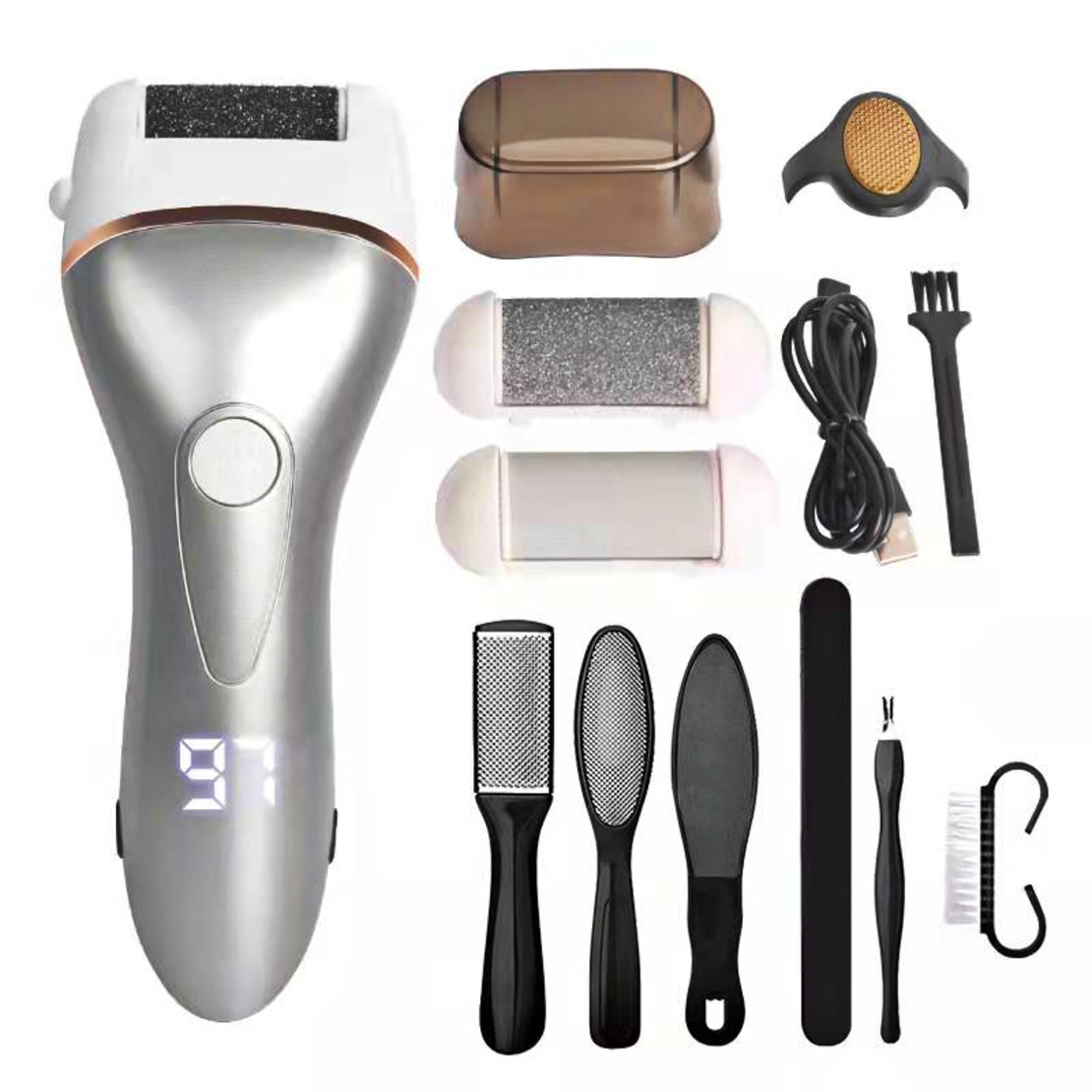 Set Aparat indepartare bataturi si piele uscata Calus Neo™ Foot Polisher Cap, cu capac, display digital, LED, incarcare USB, capat suplimentar si 3 role, 2000 rpm V608 Gri si Pile