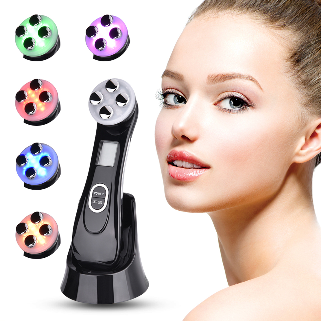 Aparat Profesional de ingrijire faciala prin Rejuvenare cu Fotoni 5 in 1 Neo Photon™, pentru intinerirea pielii, efect anti-rid, tratament Electroporare, RF lumina LED, inchide porii, elimina acneea, albire, pentru fata/gat, stativ incarcare rapida, Negru