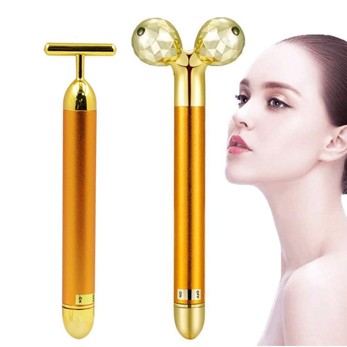 Set Aparat Masaj Facial Profesional Neo™ Beauty Energy T Shape Bar si Aparat Masaj Facial Profesional, Neo™ Beauty Energy 3D Shape, 24K Gold, Efect de Lifting Facial si Revitalizare a Tenului, Anti-Rid