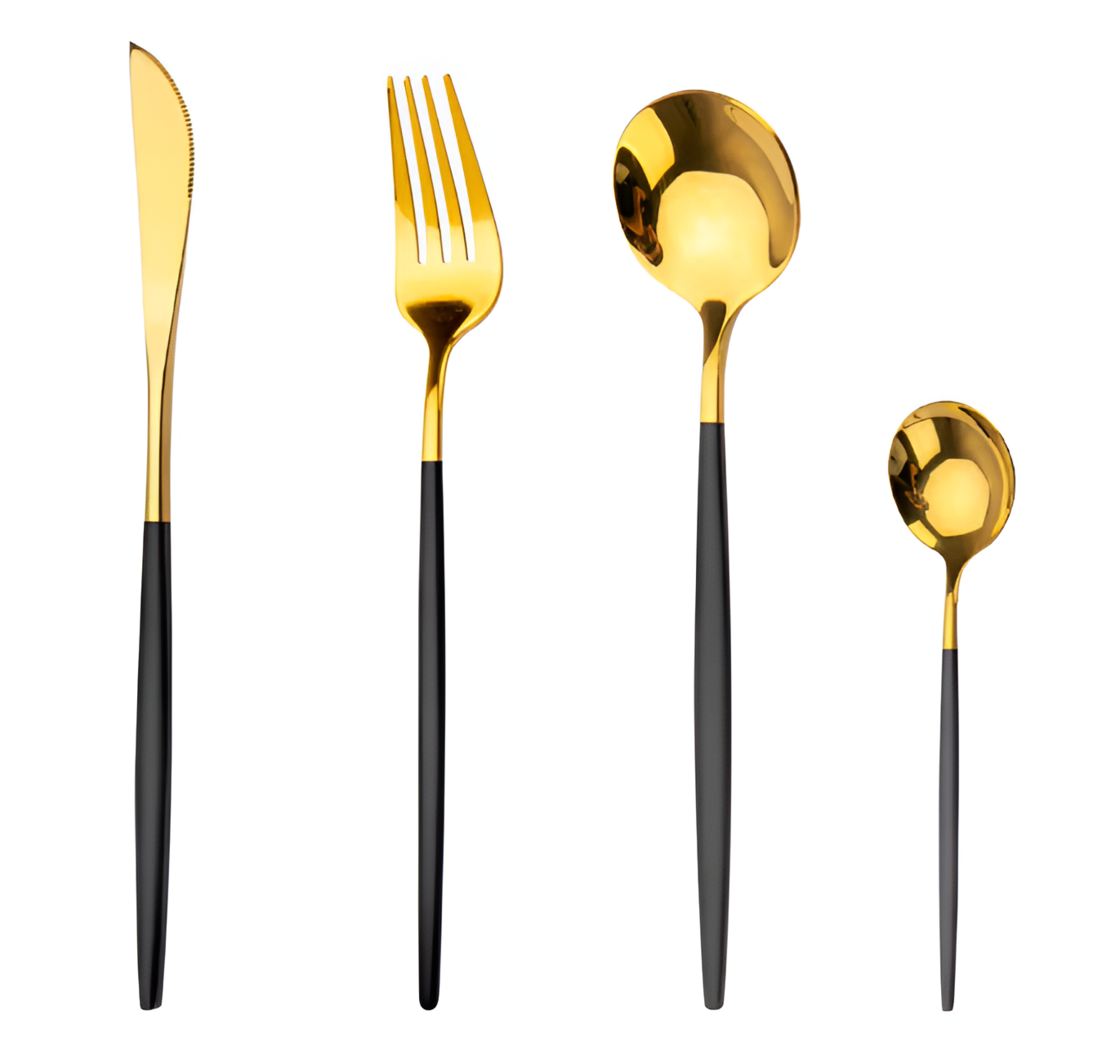 Set Tacamuri in Stil Portughez, 24 piese, din Otel Inoxidabil, Auriu/Negru, Neo™