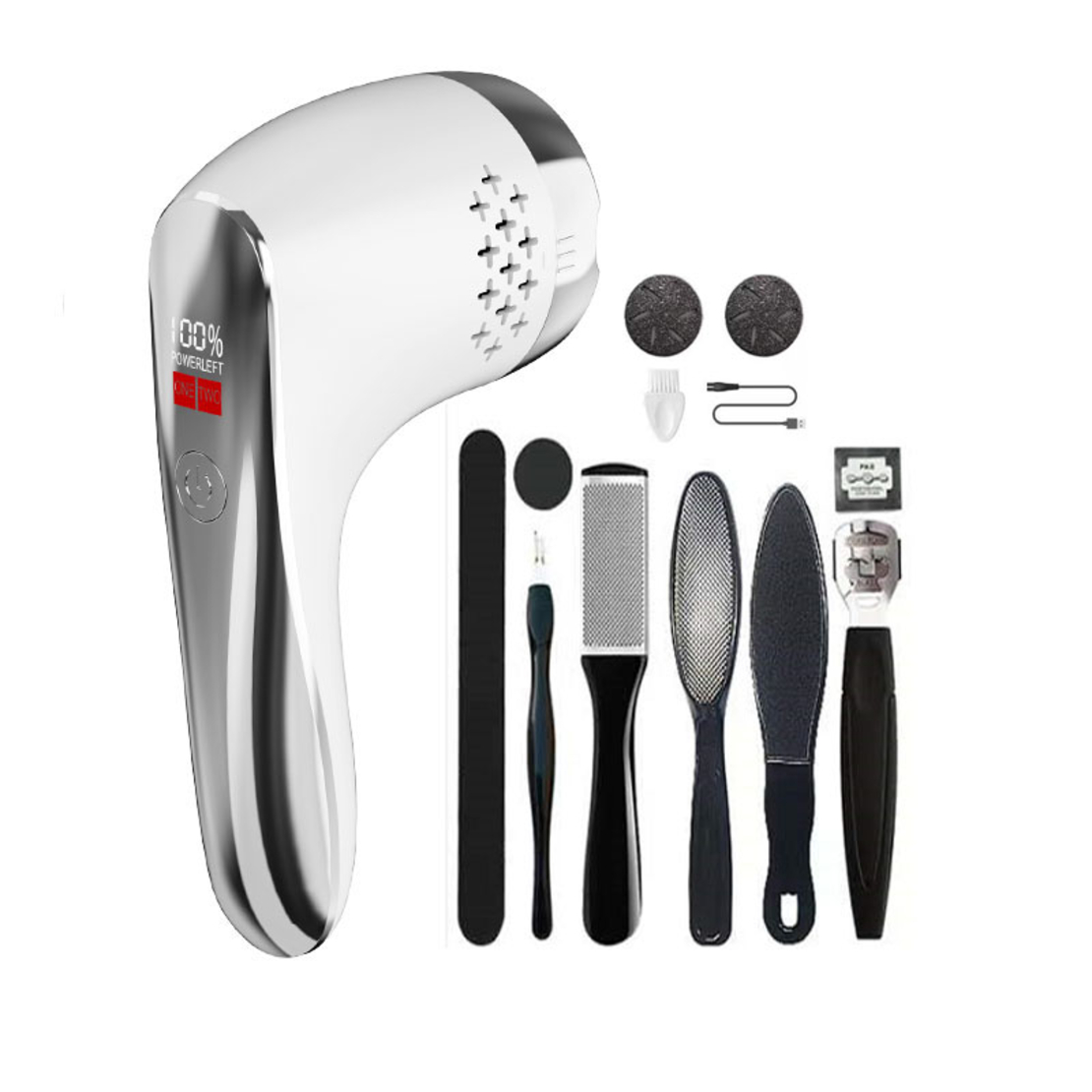 Set Aparat Profesional pentru indepartare bataturi Calus EAR Neo™ Foot Polisher Vacuum, cu aspirator, inlatura si pielea uscata, display digital, LED, incarcare USB, 2 role, 2700 rpm, C6497, Alb