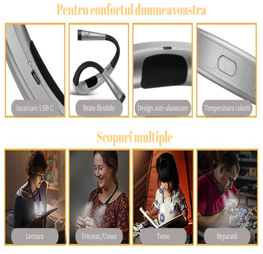 Lampa pentru Citit cu Pozitionare pe Gat, Flexibila, Multifunctionala, cu 3 Tipuri De Lumina LED si 3 Nivele de Intensitate, Gri