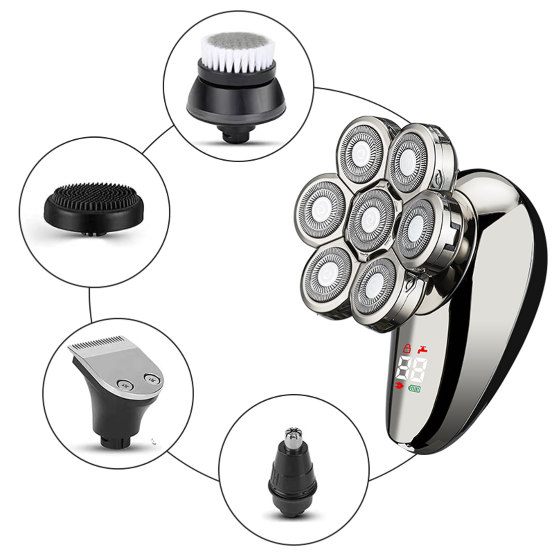 Aparat de ras electric 7D, Neo™ 7 Blade Samurai®, multifunctional, fara fir, incarcare USB, 100% rezistent la apa, 7 lame independente, usor de curatat, sistem 7 in 1, Silver