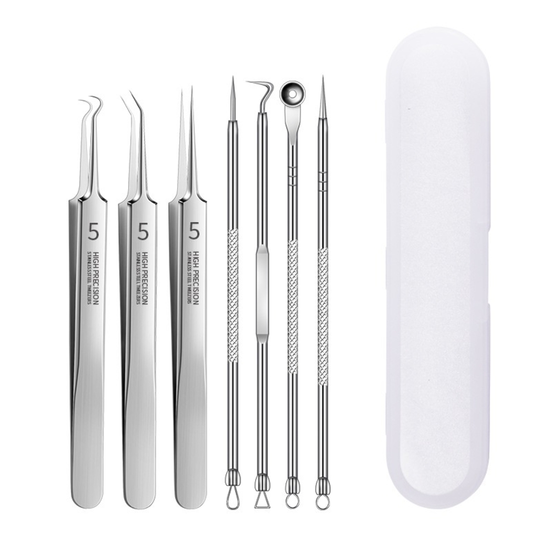 Set 7 pensete pentru extractie puncte negre, comedoane, acnee, ustensile cosmetice din inox, metalic, Neo™ Premium®