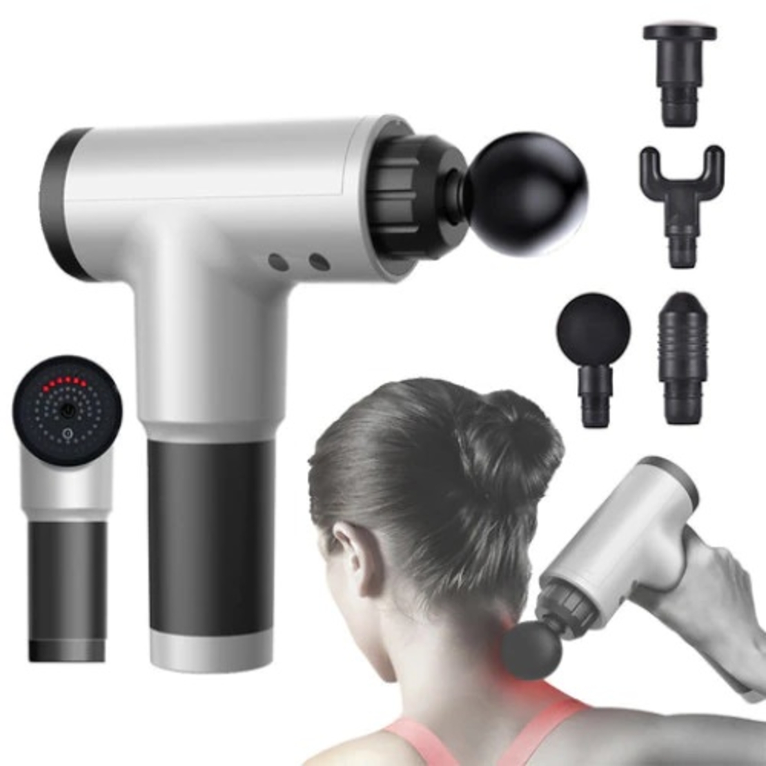 Aparat de Masaj Profesional, cu 4 capete interschimbabile si 6 trepte de intensitate, Neo™ Professional Gun®, pentru dureri musculare, reumatice, anticelulitic, Gri