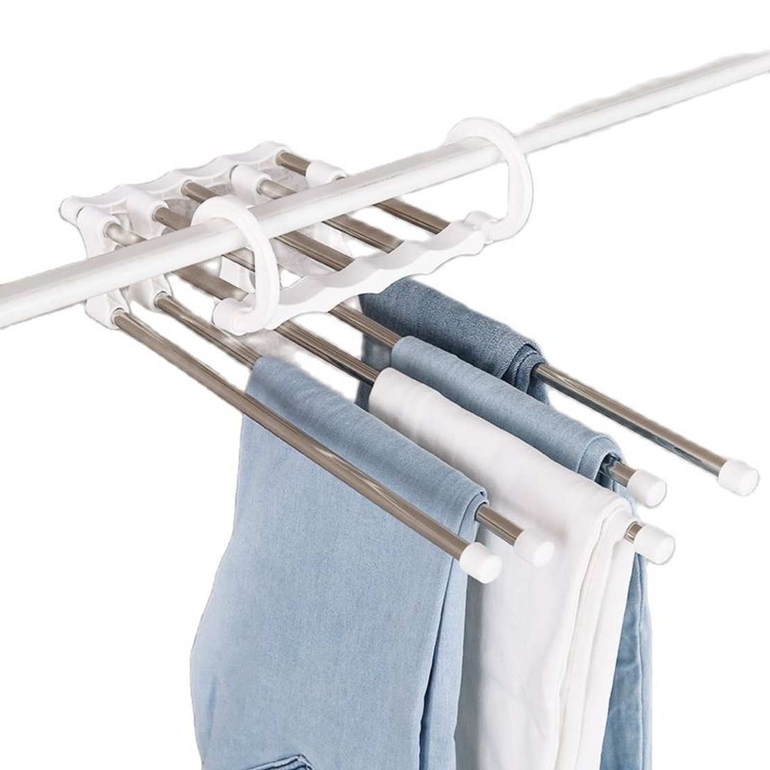 Umeras Pliabil Neo™ Organizator Compact® pentru perechi de pantaloni, cu tije din inox, 48 x 15 cm, Carlige Albe