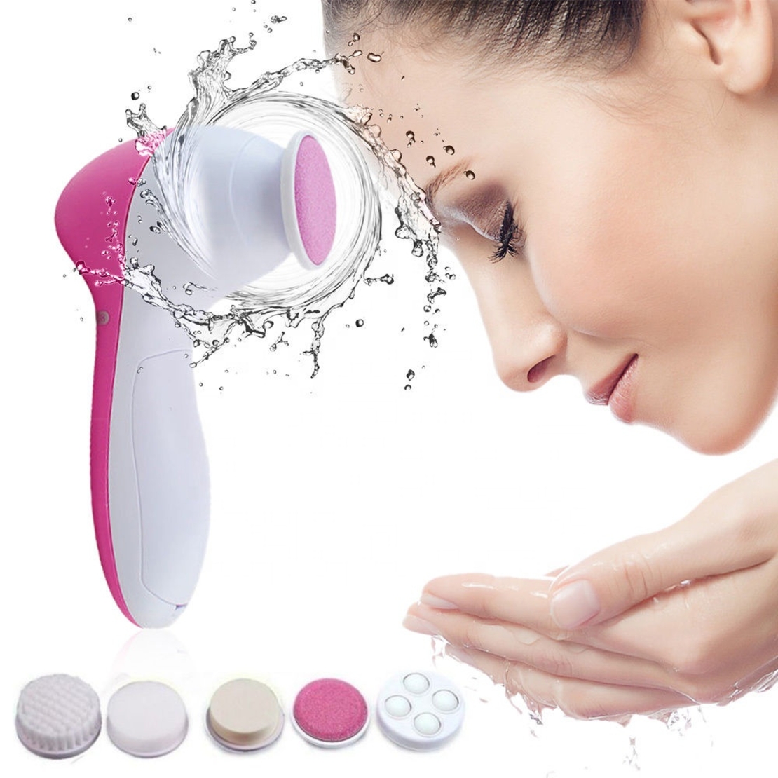 Perie Rotativa pentru curatare faciala si masaj 5 in 1, Neo™ Premium, cu 2 viteze, functie de reglare a vitezei, 5 capete perii interschimbabile,13x7cm, alb/roz