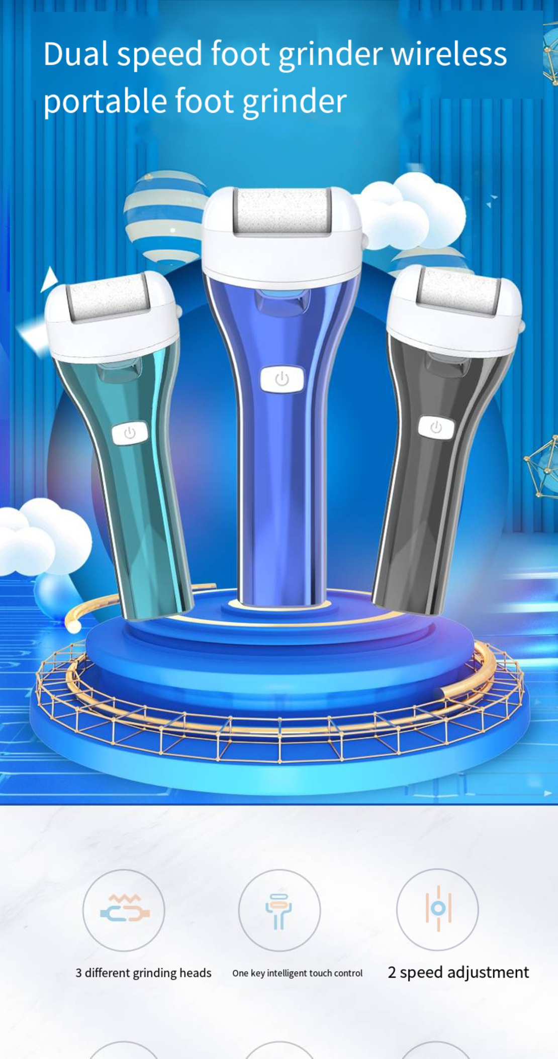 Set Aparat indepartare bataturi si piele uscata Calus Neo™ Foot Polisher v623 MAT, cu display digital, iluminare LED, incarcare USB, capat suplimentar si 3 role microminerale, 3900 rpm, Negru