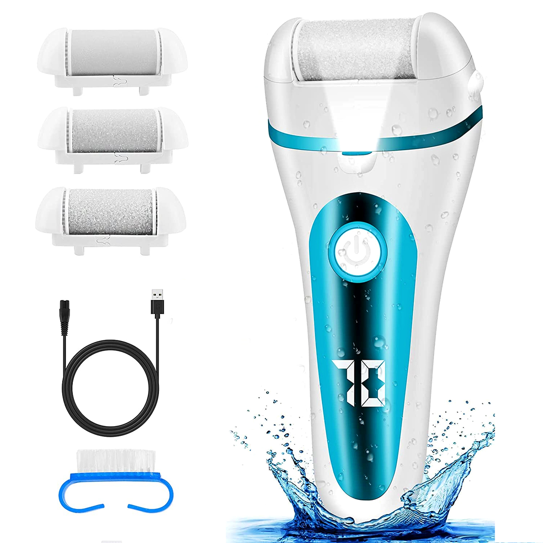 Aparat indepartare bataturi si piele uscata Calus Neo™ Foot Polisher V601, display digital, iluminare LED, incarcare USB, capat suplimentar si 3 role microminerale, 2000 rpm, Albastru