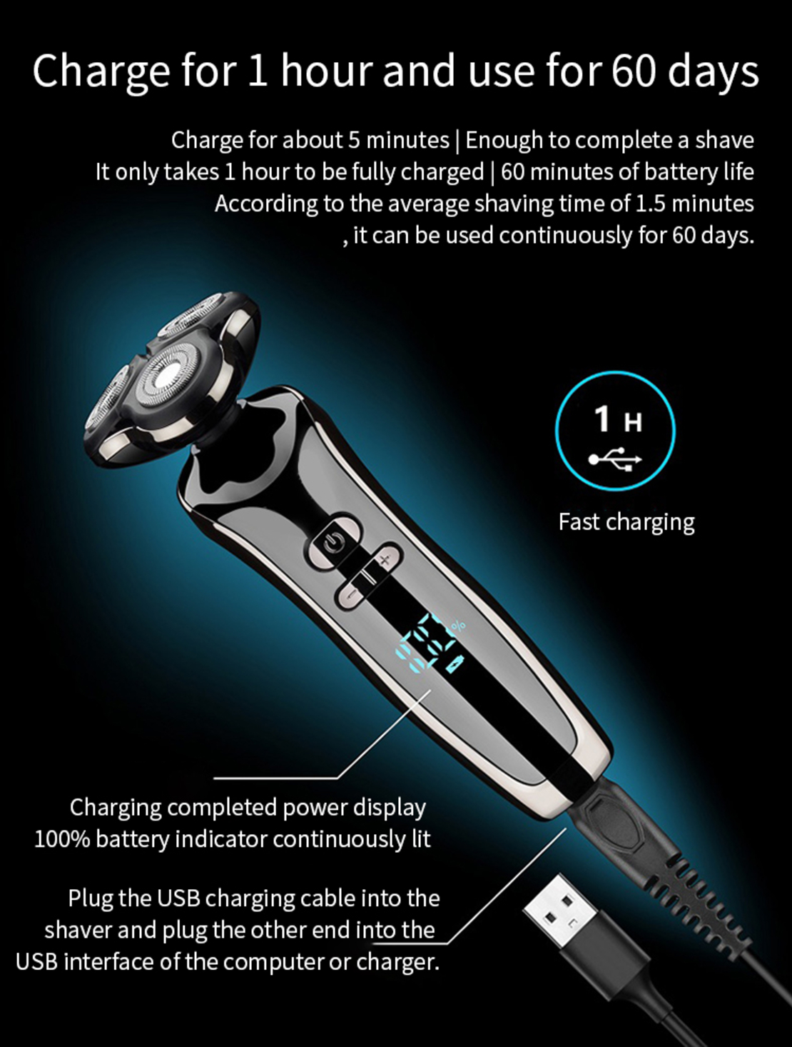Aparat de ras electric 7 Capete, cu maner lung, Neo™ Blade 3D Samurai®, functie de trimmer, multifunctional, fara fir, incarcare USB, rezistent la apa, 3 lame independente, usor de curatat, sistem 7 in 1, Black-Silver