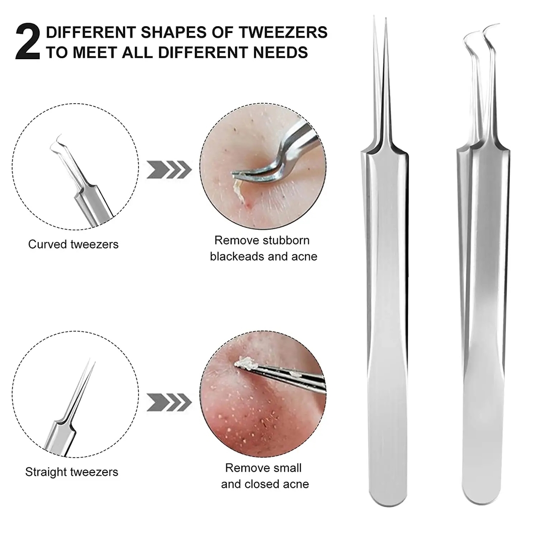 Set 7 pensete pentru extractie puncte negre, comedoane, acnee, ustensile cosmetice din inox, metalic, Neo™ Premium®