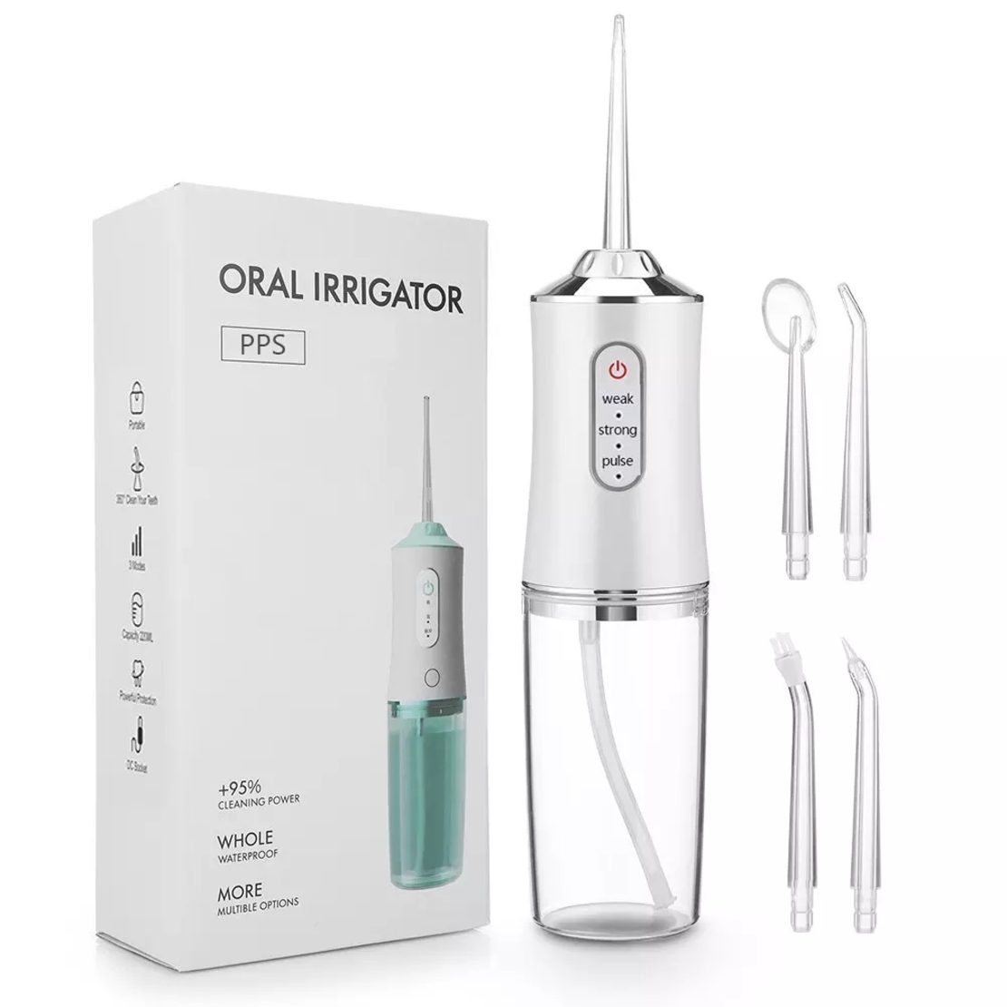 Irigator bucal si oral profesional PPS Pulse® Neo™, 140 PSI, Functie masaj, rotatie 360°, portabil, 4 moduri, acumulator 1400mAh, 4 duze incluse, 220 ml, alb