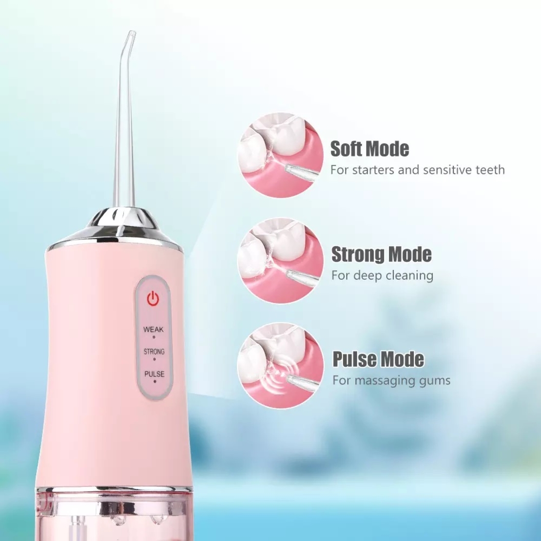 Irigator bucal si oral profesional PPS Pulse® Neo™, 140 PSI, Functie masaj, rotatie 360°, portabil, 4 moduri, acumulator 1400mAh, 4 duze incluse, 220 ml, roz