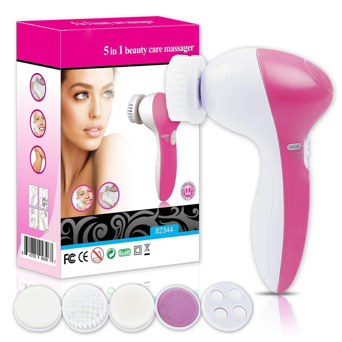 Perie Rotativa pentru curatare faciala si masaj 5 in 1, Neo™ Premium, cu 2 viteze, functie de reglare a vitezei, 5 capete perii interschimbabile,13x7cm, alb/roz
