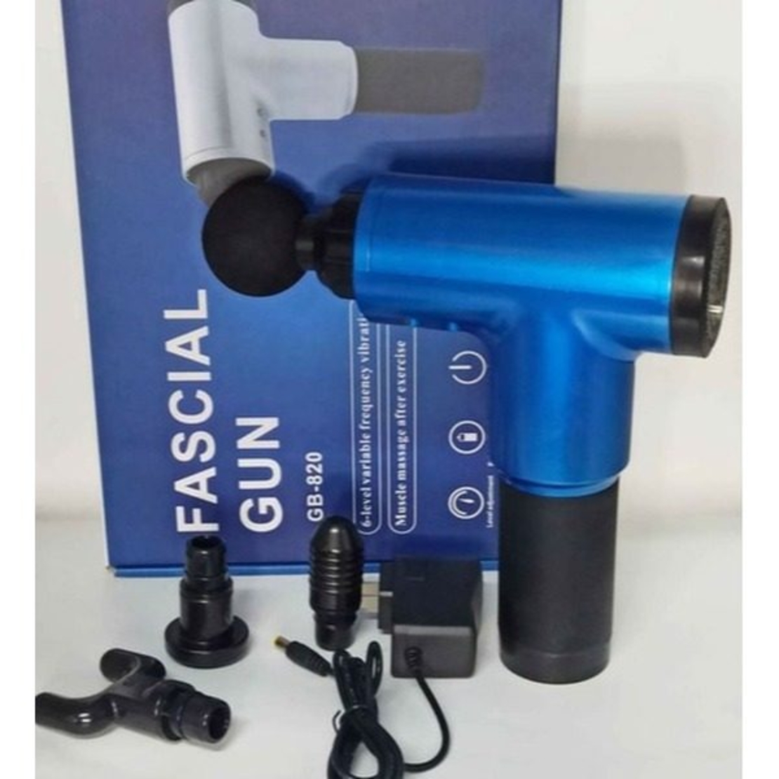 Aparat de Masaj Profesional, cu 4 capete interschimbabile si 6 trepte de intensitate, Neo™ Professional Gun®, pentru dureri musculare, reumatice, anticelulitic, Albastru