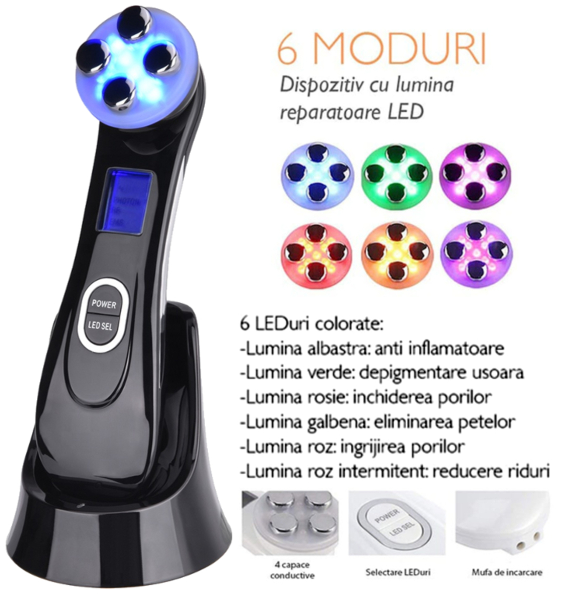 Aparat Profesional de ingrijire faciala prin Rejuvenare cu Fotoni 5 in 1 Neo Photon™, pentru intinerirea pielii, efect anti-rid, tratament Electroporare, RF lumina LED, inchide porii, elimina acneea, albire, pentru fata/gat, stativ incarcare rapida, Negru