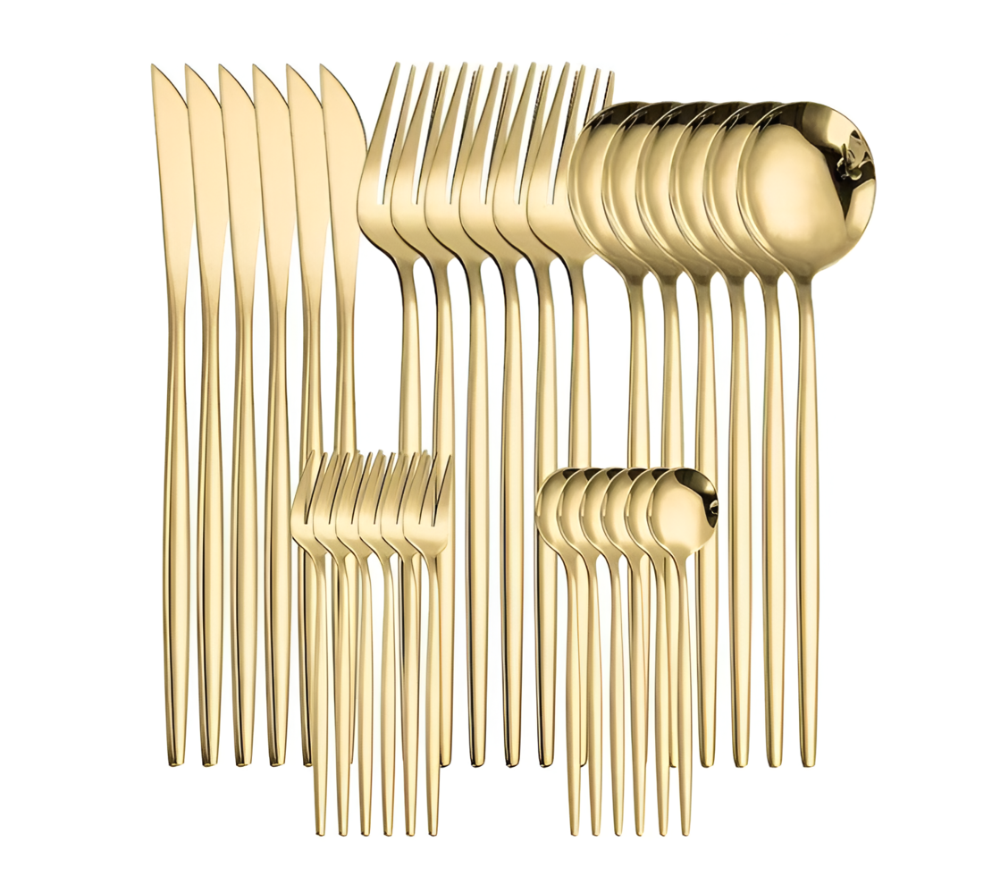 Set Tacamuri cu Finisaj Lucios, 24 piese, din Otel Inoxidabil, Auriu, Neo™