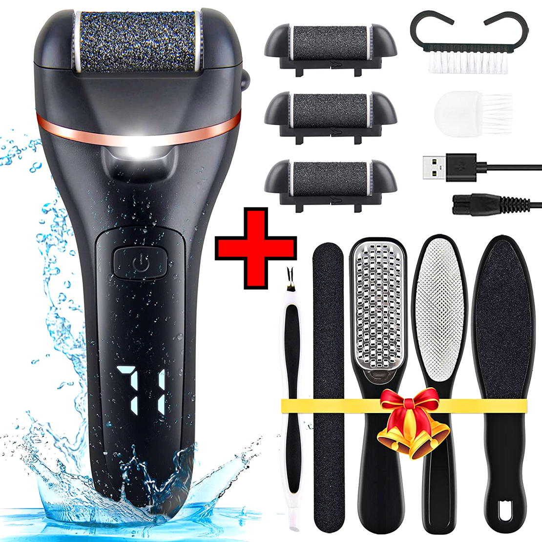 Set Aparat indepartare bataturi si piele uscata Calus Neo Foot Polisher, display digital, LED, incarcare USB, capat suplimentar si 3 role, 2000 rpm, Negru