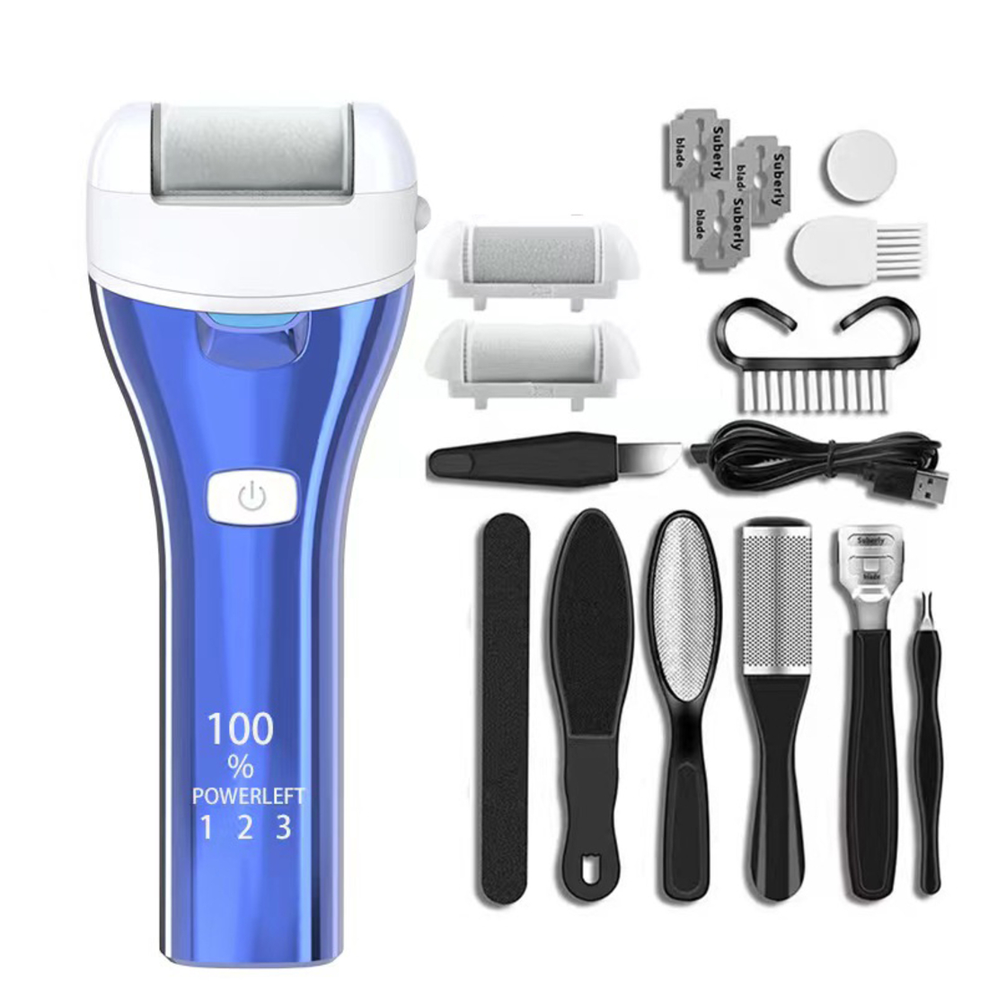 Set Aparat indepartare bataturi si piele uscata Calus Neo™ Foot Polisher v623 MAT, cu display digital, iluminare LED, incarcare USB, capat suplimentar si 3 role microminerale, 3900 rpm, Albastru