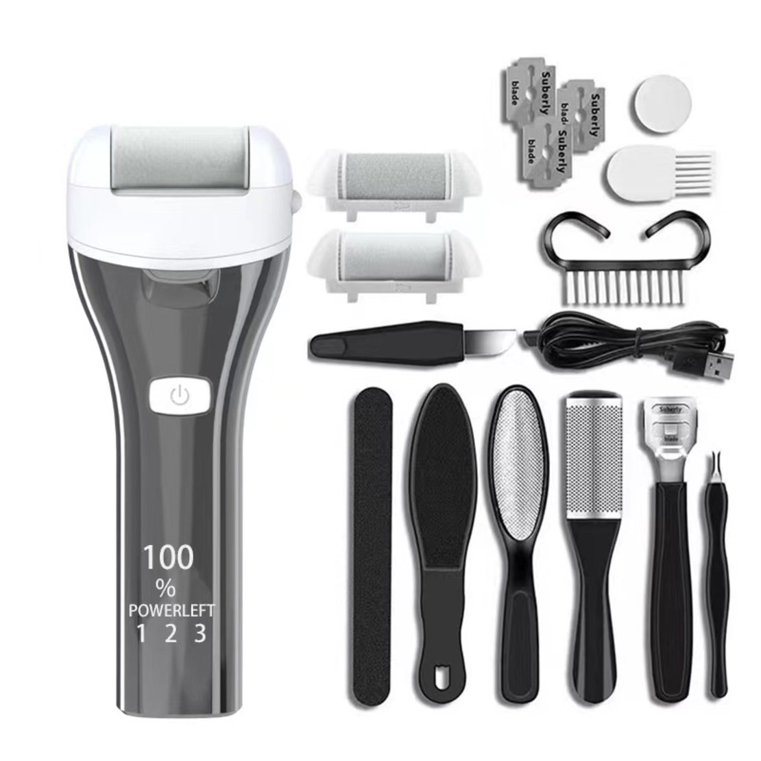 Set Aparat indepartare bataturi si piele uscata Calus Neo™ Foot Polisher v623 MAT, cu display digital, iluminare LED, incarcare USB, capat suplimentar si 3 role microminerale, 3900 rpm, Gri