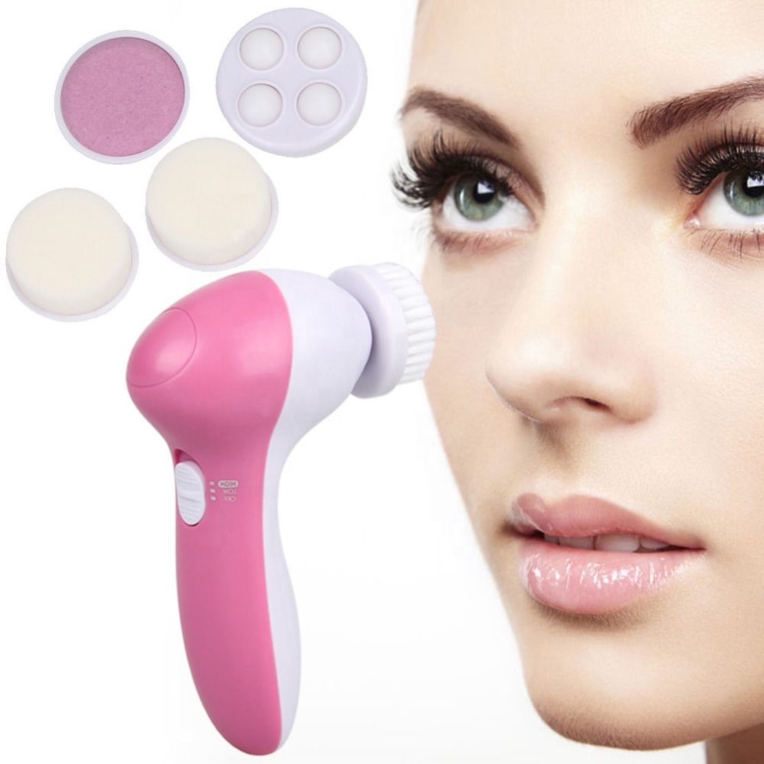 Perie Rotativa pentru curatare faciala si masaj 5 in 1, Neo™ Premium, cu 2 viteze, functie de reglare a vitezei, 5 capete perii interschimbabile,13x7cm, alb/roz