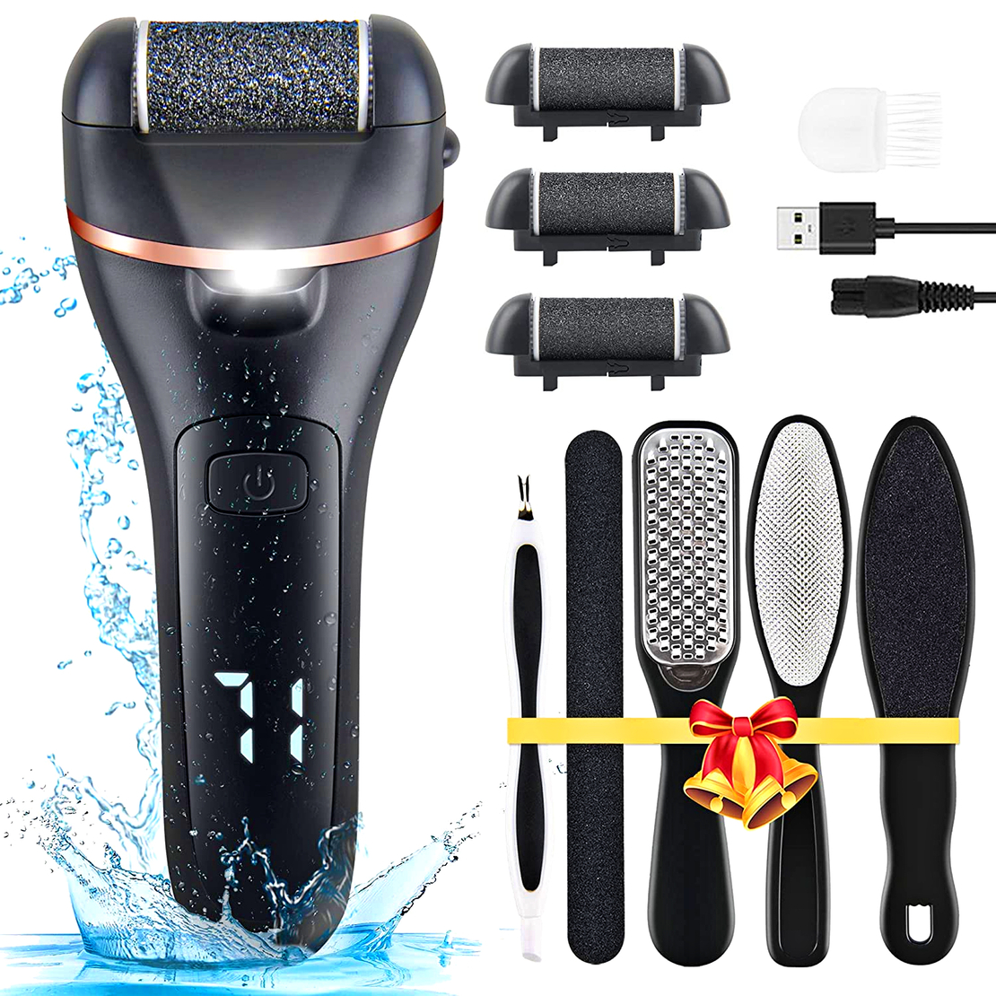 Set Aparat indepartare bataturi si piele uscata Calus Neo Foot Polisher, display digital, LED, incarcare USB, capat suplimentar si 3 role, 2000 rpm, Negru