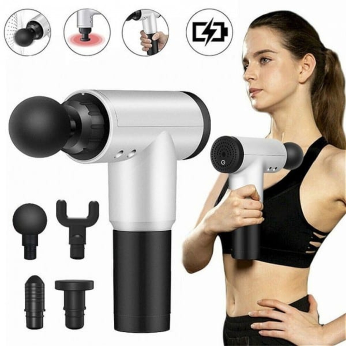 Aparat de Masaj Profesional, cu 4 capete interschimbabile si 6 trepte de intensitate, Neo™ Professional Gun®, pentru dureri musculare, reumatice, anticelulitic, Gri