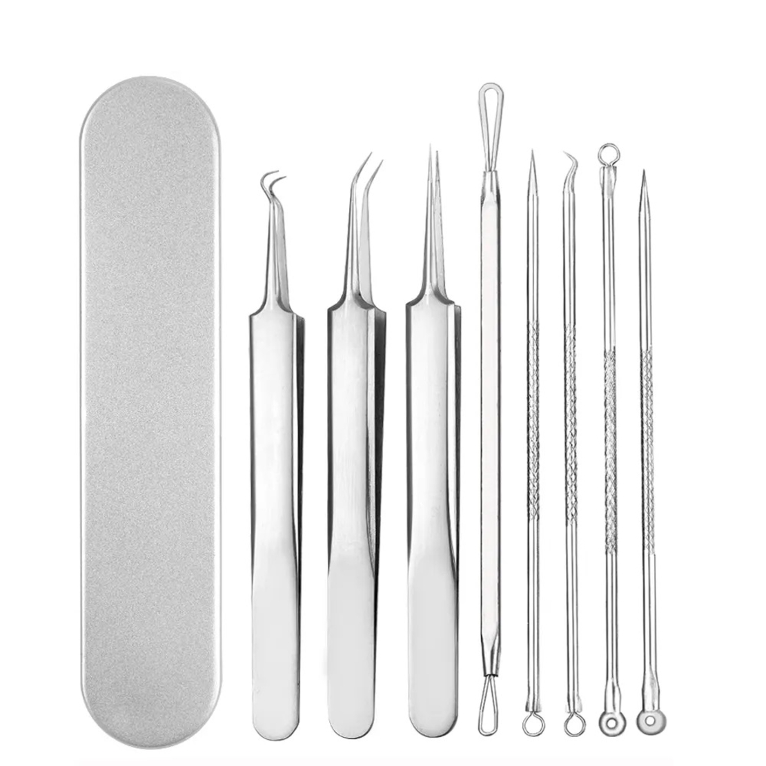 Set 8 pensete pentru extractie puncte negre, comedoane, acnee, ustensile cosmetice din inox, metalic, Neo™ Premium®