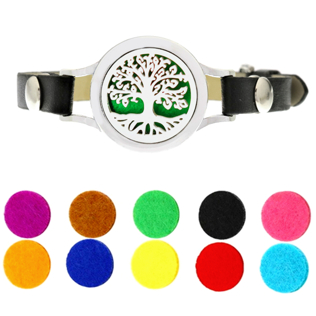 Bratara cu aromaterapie Neo™ WJ254, Tree of Life curled leaves, eco-friendly, aliaj de zinc si piele ecologica